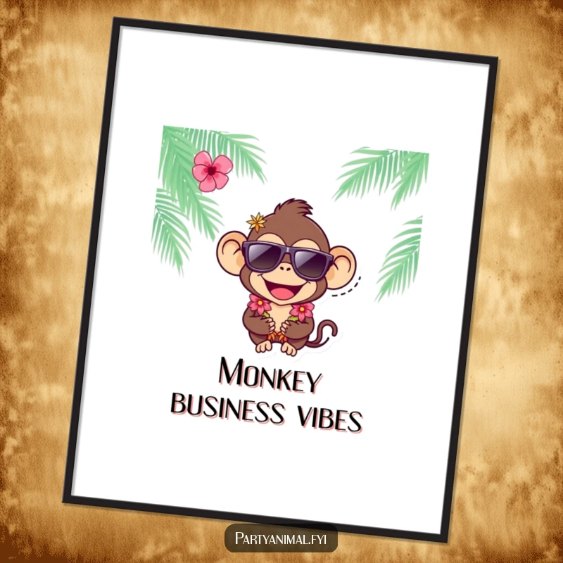 Funny joyful monkey character wearing cool sunglasses and a festive lei on this humorous tropical wall poster.