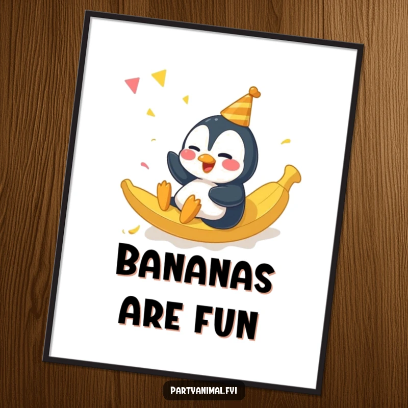 Funny giggling penguin character comically sliding on a banana peel at a party on this humorous wall poster.