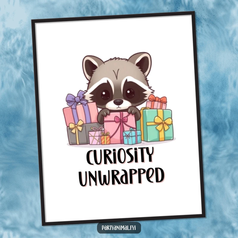 Funny raccoon poster, a curious character peeking from behind wrapped gifts, exuding curiosity and sly charm, perfect for decor.