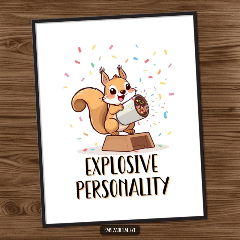 Funny playful squirrel launching from a giant confetti cannon on a poster, creating a dynamic and humorous visual, an excellent funny gift.