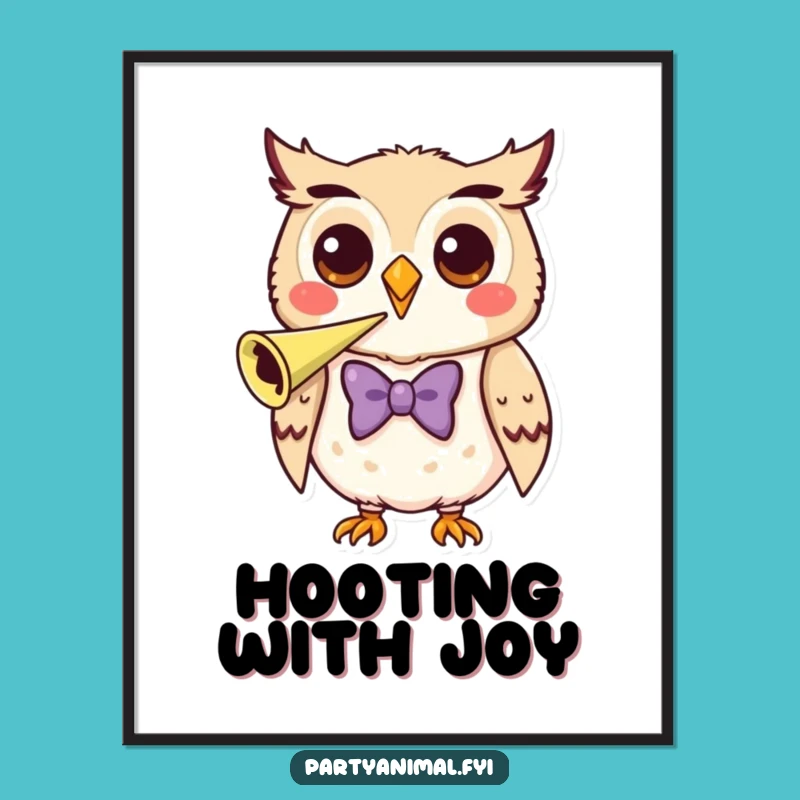 Funny Owl Party Poster - Bow Tie Horn Blower Art, Unique Funny Gift Decor