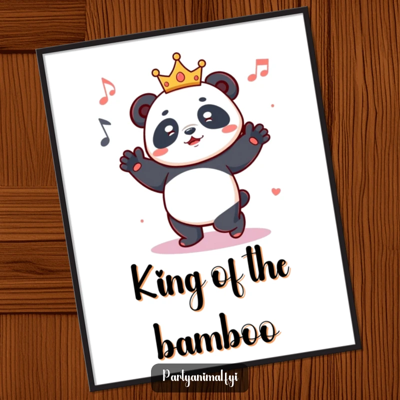 Funny poster art of a happy panda wearing a small crown, captured mid-dance with a look of pure musical bliss.