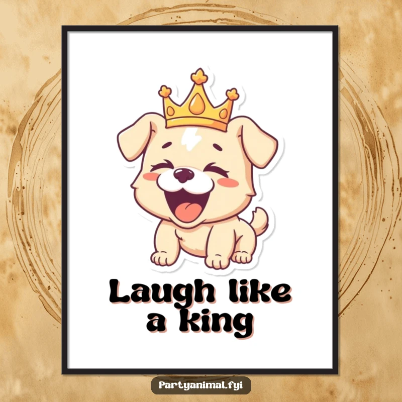 Funny poster of a playful puppy sporting a golden crown, roaring with ecstatic laughter, embodying pure, regal merriment and delight.