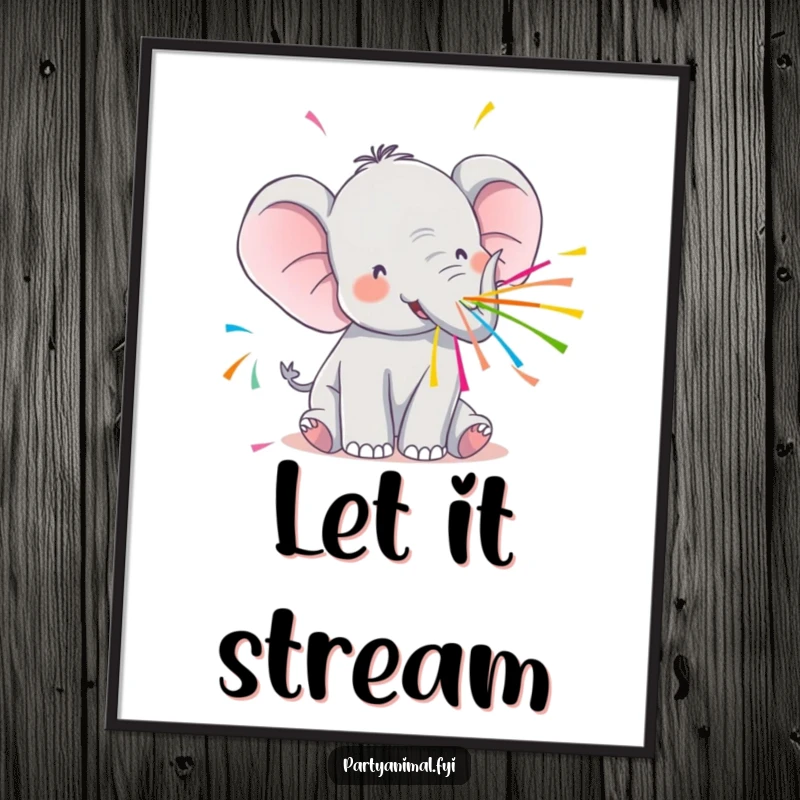 Funny Kawaii Elephant Poster: Adorable elephant spraying colorful streamers, creating festive and humorous wall art.