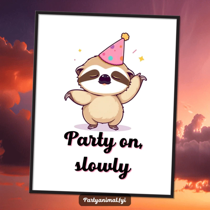 Funny poster artwork of a sleepy sloth in a party hat attempting the Macarena dance with comical slowness.