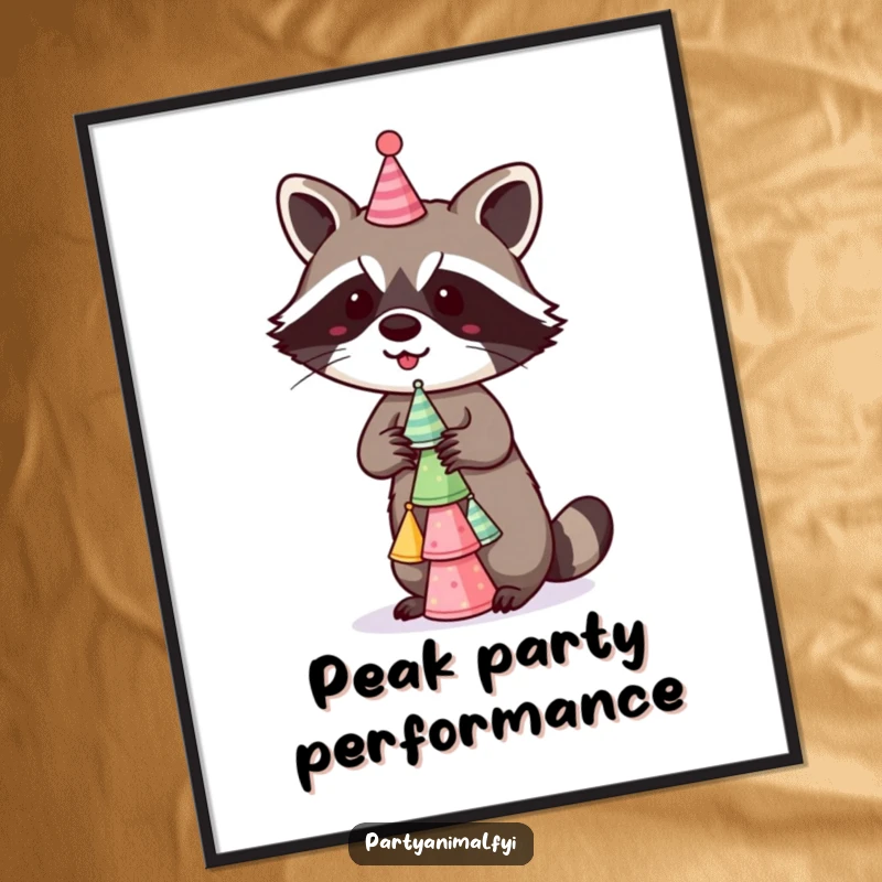 Funny Poster featuring a mischievous raccoon balancing a tall stack of colorful party hats, creating a playful and humorous piece of whimsical wall art.