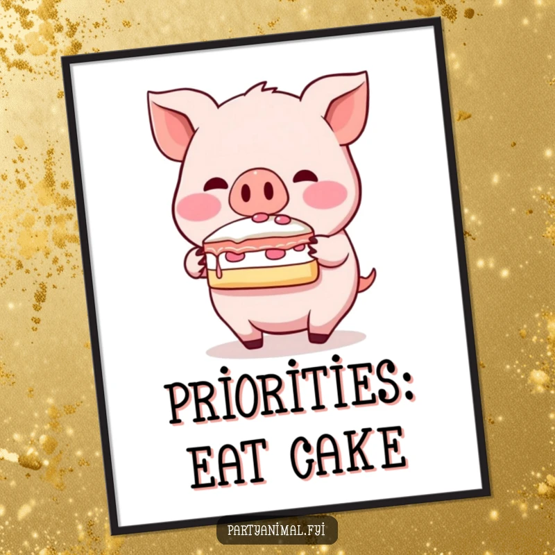 Funny pig poster, a blushing character balancing a slice of cake on its snout, exuding sweetness and charm, perfect for decor.