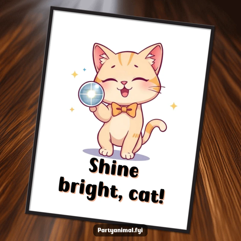 Funny Cat Bow Tie Disco Ball Poster: A playful cat wearing a bow tie energetically bats at a sparkling disco ball, a glamorous and fun art piece.