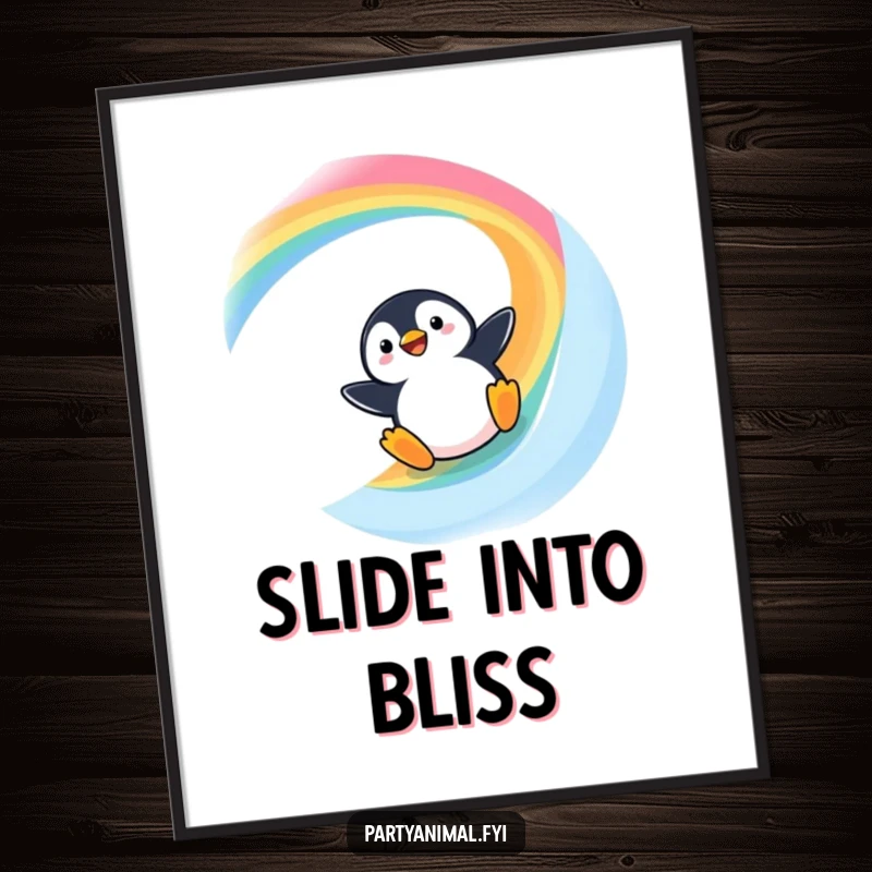Funny Kawaii Penguin Poster: Adorable penguin joyfully sliding down a vibrant rainbow slide, a cheerful and humorous wall art.