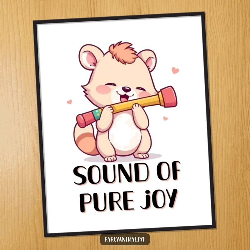 Funny Poster: An animal character plays a tiny, colorful kazoo with great enthusiasm, creating a fun musical scene.