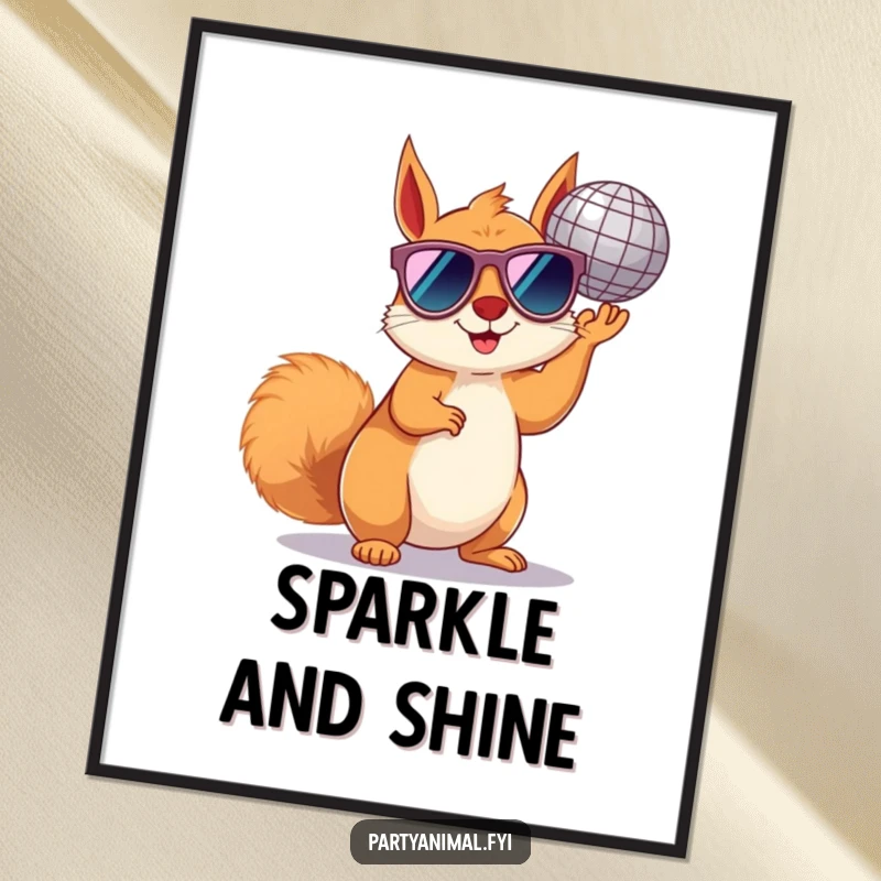 Funny squirrel poster of a cheerful squirrel in sunglasses holding a disco ball, radiating disco energy.