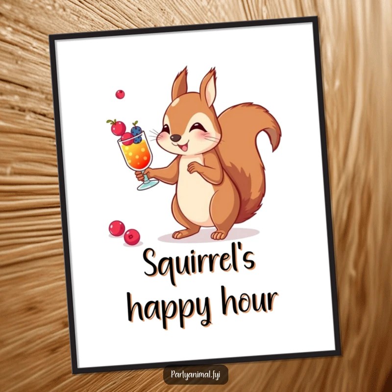 Funny poster artwork of a squirrel juggling several small berry cocktails with impressive focus and a cheerful demeanor.