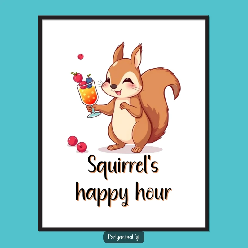 Funny Squirrel Cocktail Poster: Juggling Berries Art, Hilarious Woodland Decor Gift