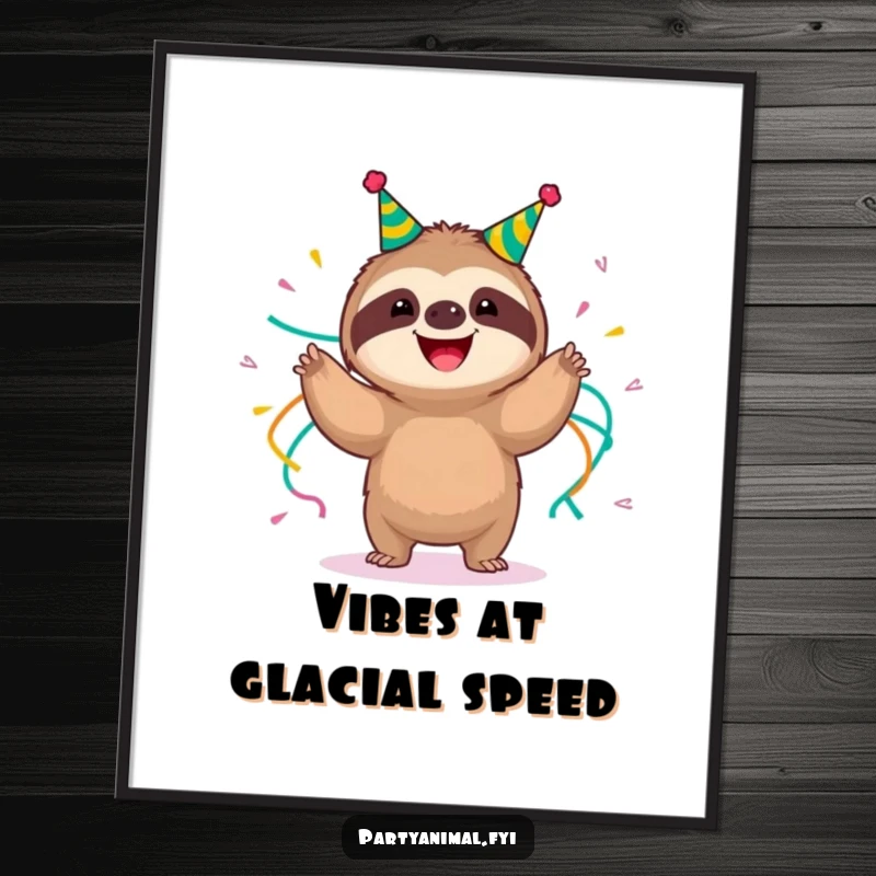 Funny happy sloth wearing party streamers, doing a slow-motion shimmy on a poster, creating a relaxed and humorous wall art piece, an excellent funny gift.