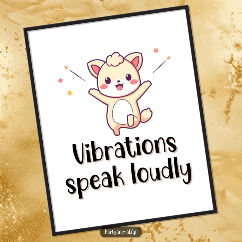 Funny poster art of an ecstatic animal character jumping energetically, with streams of colorful streamers flowing dynamically.