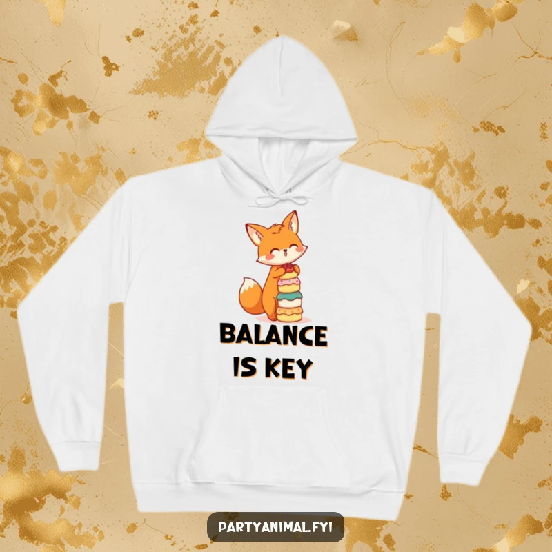 Funny hoodie depicting a cute orange fox character attempting to balance a stack of tiny cakes, exuding playful concentration and charm.