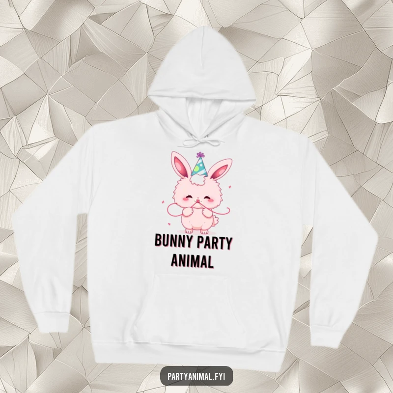 Funny fluffy pink bunny character in a party hat, enthusiastically blowing a streamer, radiating a fun and festive atmosphere.