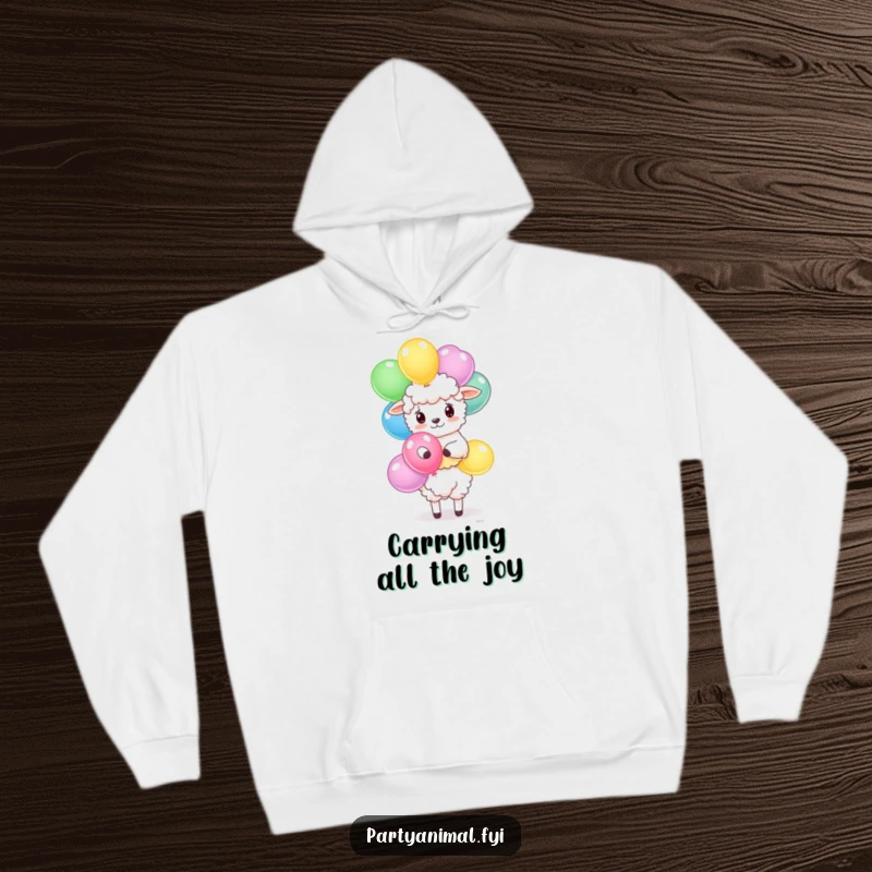 Funny sheep hoodie with a fluffy character balancing a stack of colorful balloons, offering warmth and playful design.