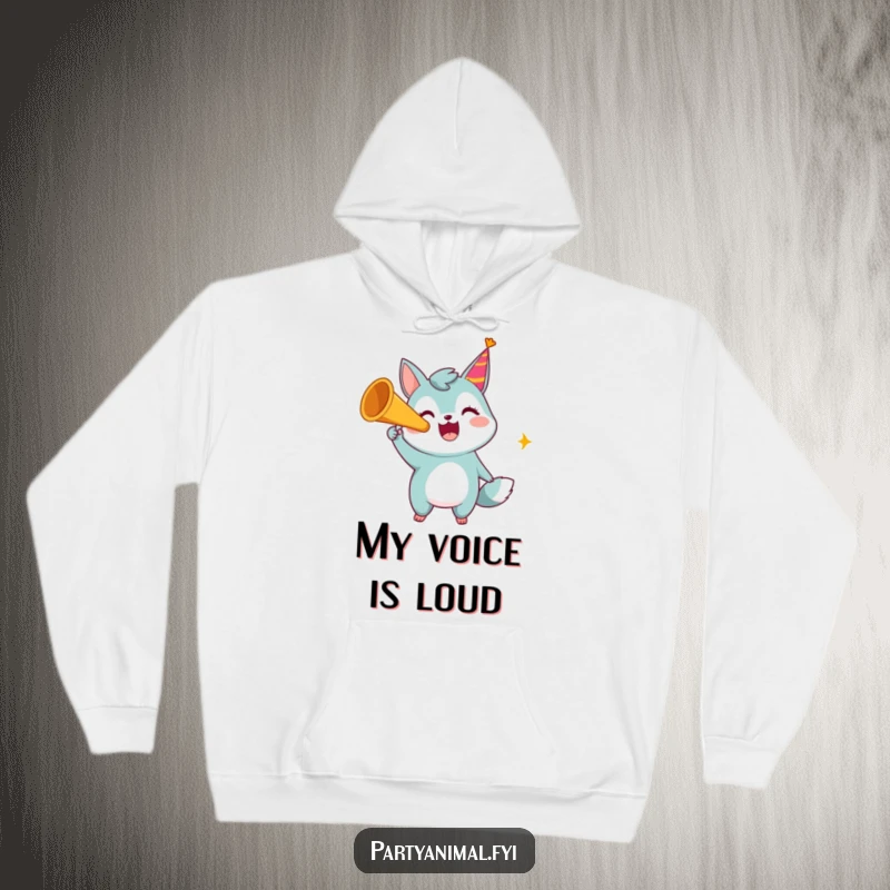 Funny hoodie with a happy animal character loudly blowing a festive party horn, perfect for cozy celebrations.