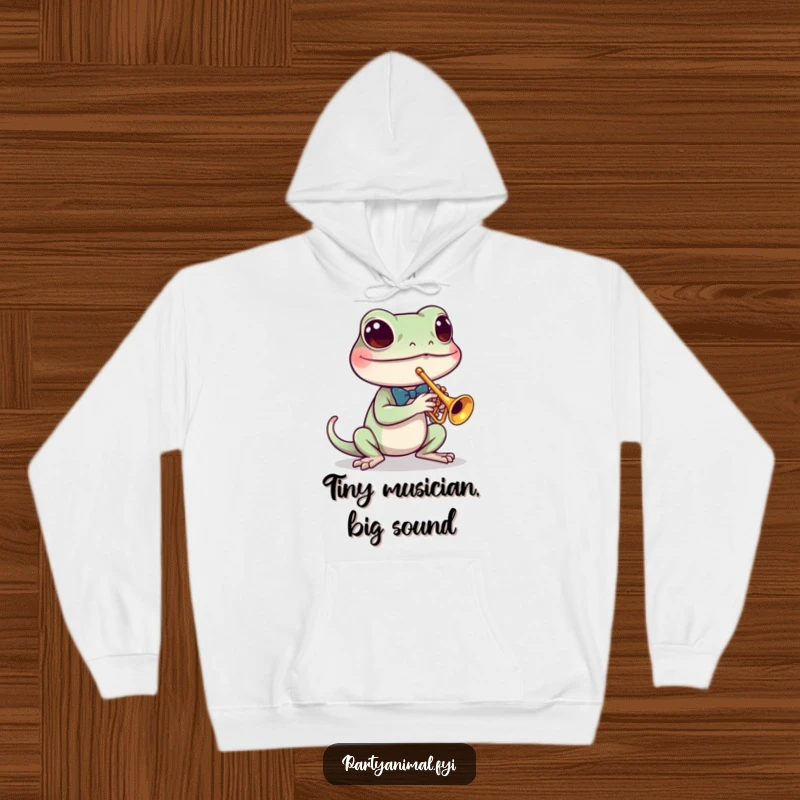 Funny hoodie featuring a dapper gecko in a tiny bow tie playing a miniature trumpet, exuding musical charm and sophistication.
