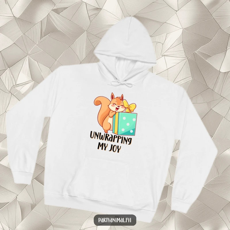 Funny hoodie with an energetic squirrel character eagerly unwrapping a giant, colorful gift box, offering cozy excitement.