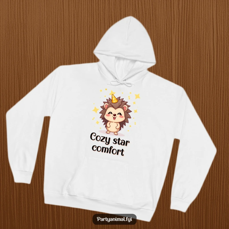 Funny hoodie featuring a joyful hedgehog character surrounded by glittering party stars, offering cozy comfort and a sprinkle of starlit humor.