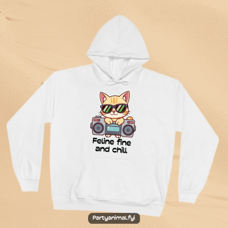 Funny hoodie featuring a cat wearing sunglasses, striking a pose on a boombox, radiating effortless cool and musical vibes.