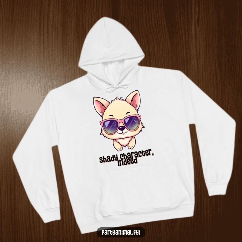 Cozy funny hoodie with an animal character winking in oversized, sparkling sunglasses, offering warmth and hilarious, stylish charm.
