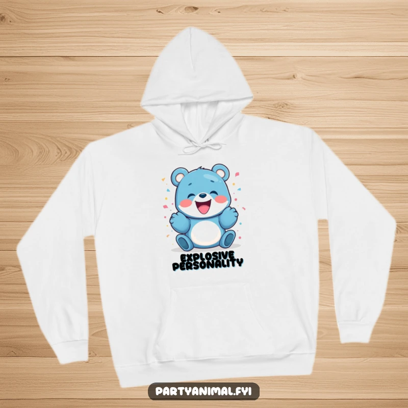 Funny blue bear character gleefully launching confetti, bringing a cozy and festive atmosphere with every wear.