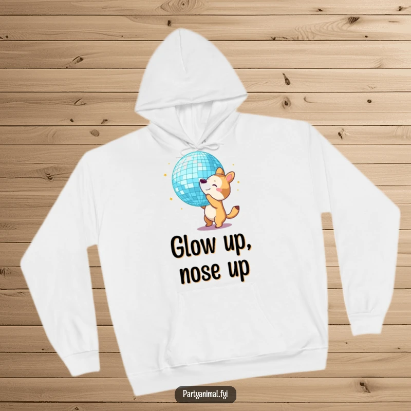 Funny Hoodie: An animal character bounces a huge disco ball with its nose, embodying a lively dance party.