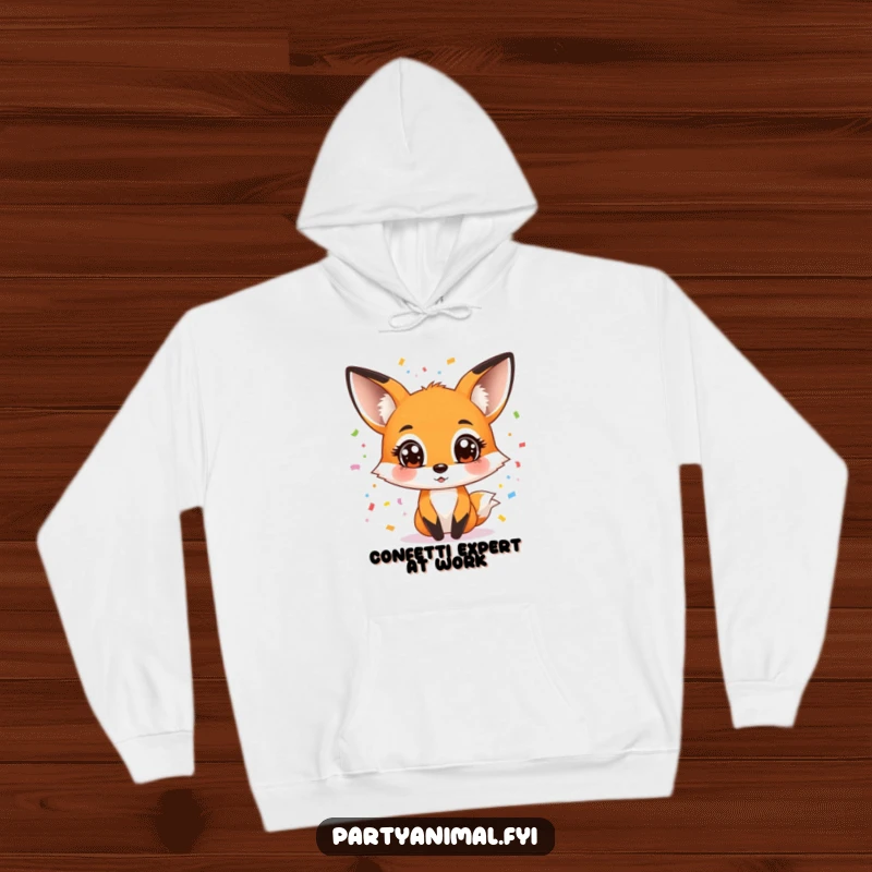 Funny hoodie depicting a cheerful fox with wide eyes, expertly juggling a shower of colorful confetti, embodying a festive spirit.