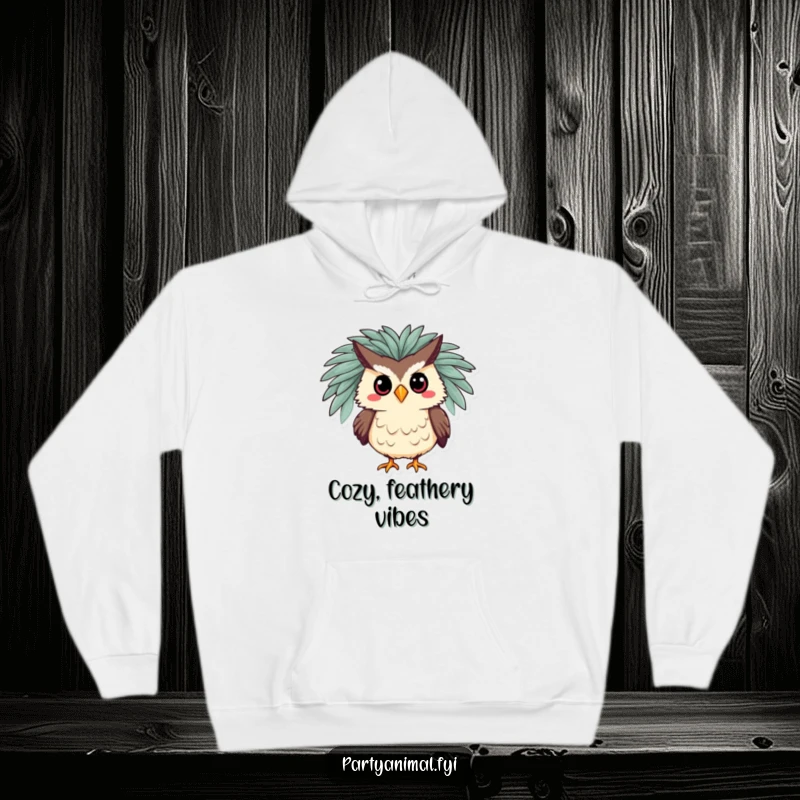 Funny hoodie featuring a silly owl character in a luxurious feathered boa, striking a dramatic pose, offering cozy glamour and humor.