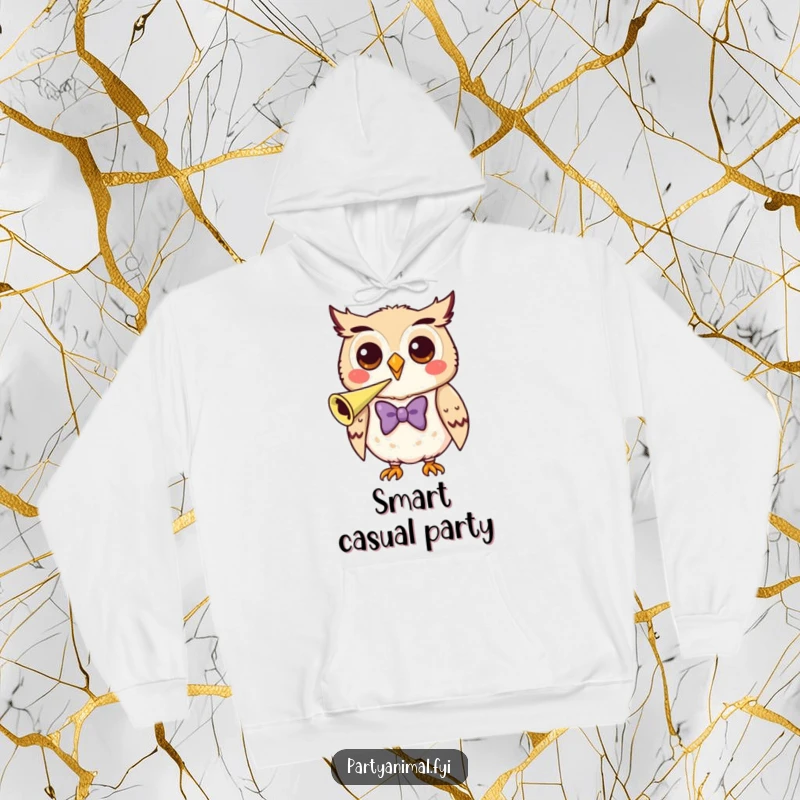 Funny Hoodie depicting a sophisticated owl in a bow tie, blowing a party horn with enthusiasm.