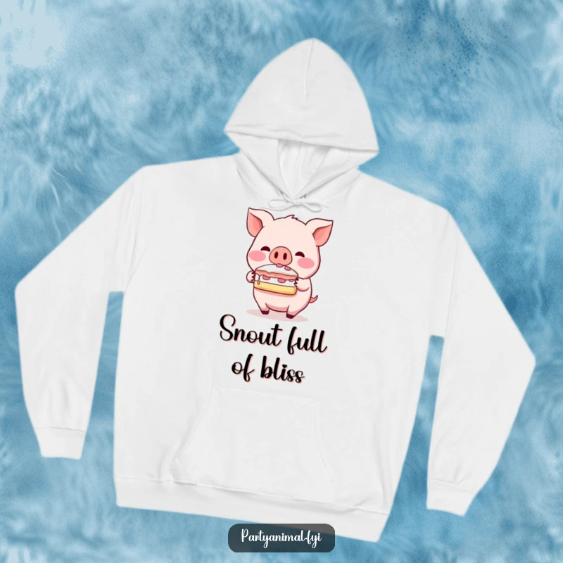 Funny hoodie featuring a blushing pig character balancing a slice of cake on its snout, perfect for cozy moments and sweet cravings.