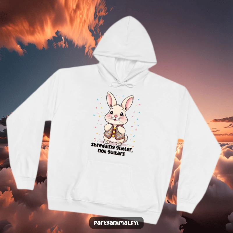 Funny Hoodie with a sequined rabbit blowing confetti, showcasing a festive and fun design for cozy, humorous wear during any celebration.
