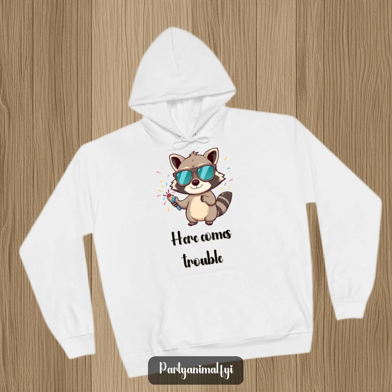 Funny hoodie featuring a cool raccoon character with sunglasses about to pop confetti, embodying a fun-loving spirit.