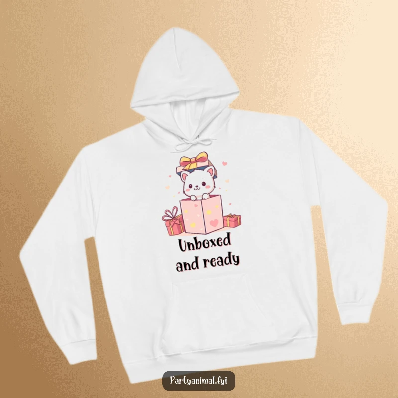 Funny Hoodie: A small animal character pops out of a festive gift box with excitement and joy.