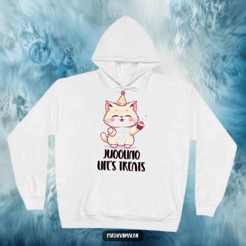 Funny Hoodie depicting a fluffy cat in a party hat, juggling miniature cupcakes with adorable flair.