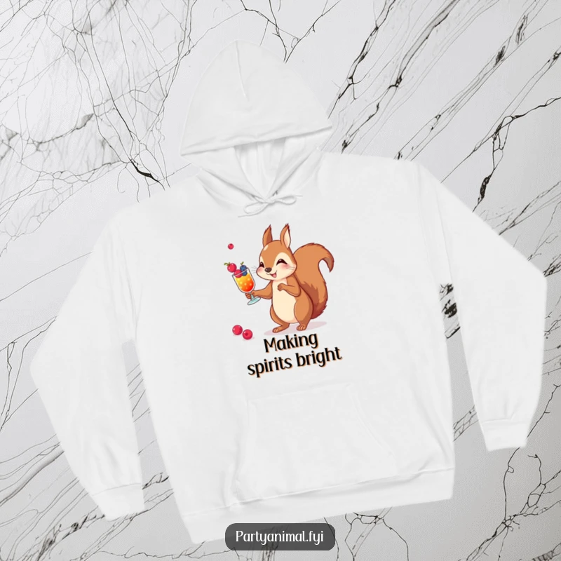 Funny hooded sweatshirt featuring a skilled squirrel juggling miniature cocktails made from colorful berries, perfect for cozying up.