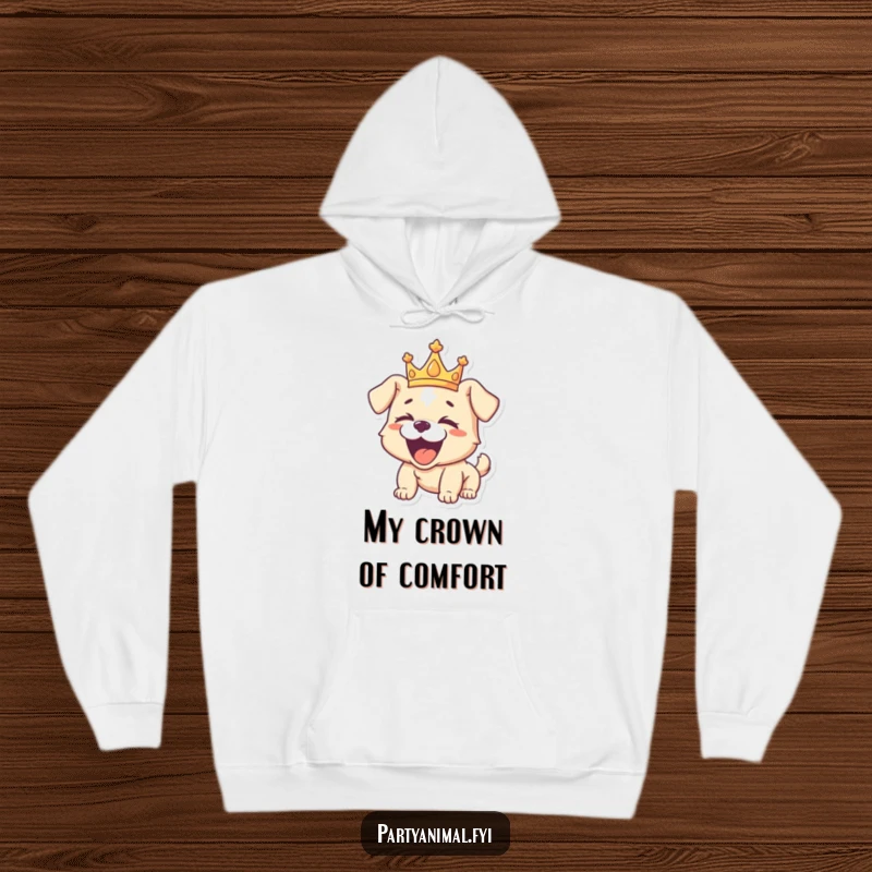 Funny hoodie featuring a playful puppy crowned as royalty, roaring with hearty laughter, offering warmth and a dose of regal humor.