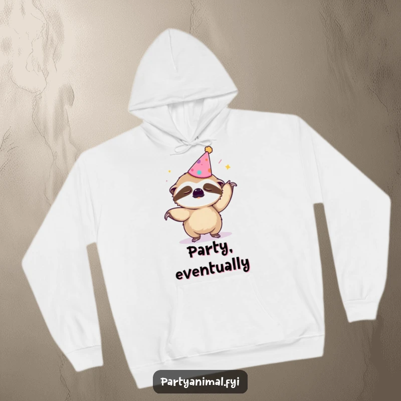 Funny hoodie featuring a sleepy sloth in a party hat attempting the Macarena, ideal for cozying up with a smile.