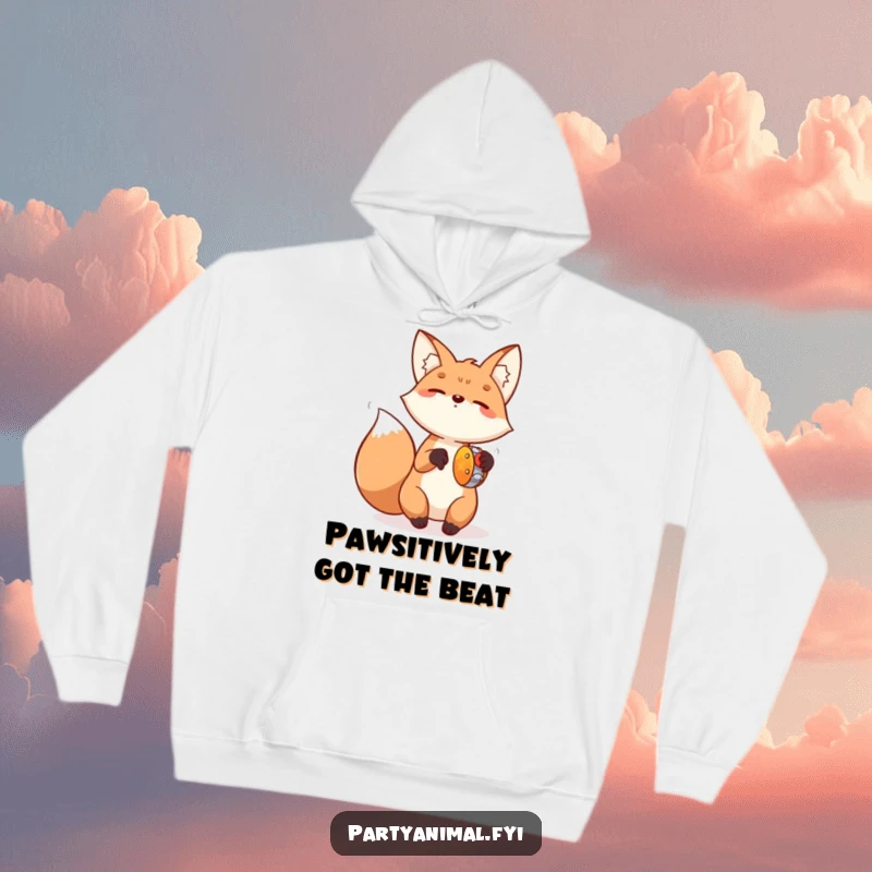Funny Fox Tambourine Hoodie: Depicts an overjoyed fox enthusiastically playing a tiny tambourine with energetic paw swings, conveying pure musical delight.