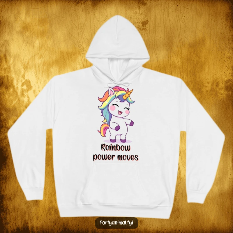 Funny hoodie featuring a giggling unicorn with a vibrant rainbow mane, caught mid-silly dance, radiating fun and warmth, a perfect gift.