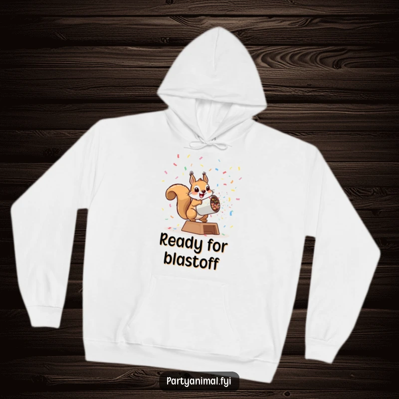 Funny playful squirrel launching from a giant confetti cannon on a hoodie, offering warmth and explosive humor, an excellent funny gift.
