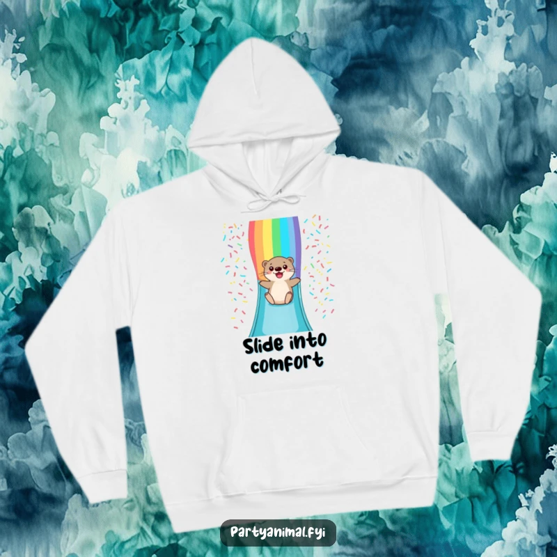 Funny hoodie depicting a happy otter character sliding down a dazzling rainbow slide covered in confetti, capturing a moment of pure glee.