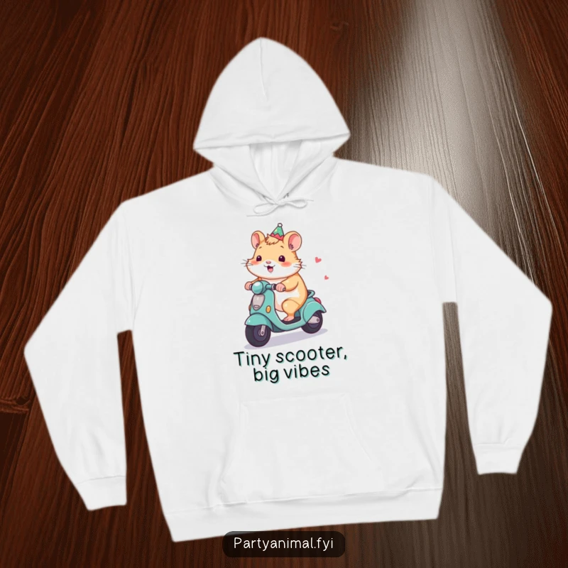 Funny Hamster Hoodie: A delighted hamster expertly rides a small, festive party scooter, spreading smiles and cozy vibes.