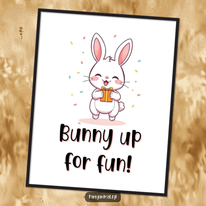Funny Free Printable Wall Art: A happy bouncing bunny character holds a tiny gift, with confetti falling, creating a festive scene.