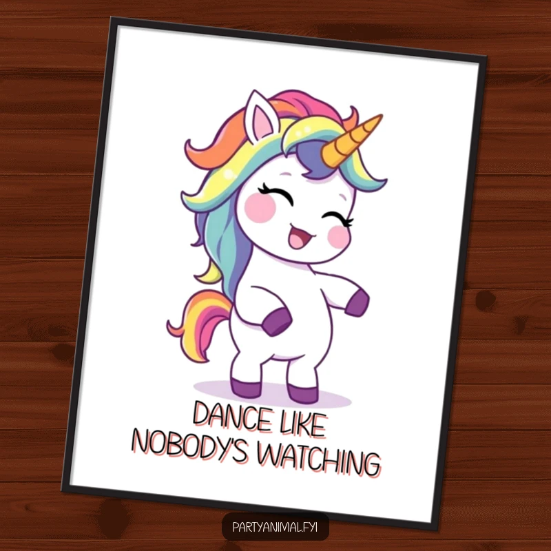 Funny Free Printable Wall Art: A giggling unicorn with a vibrant rainbow mane captured mid-silly dance, full of joy.