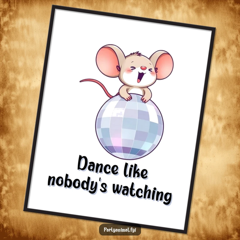 Funny Free Printable Wall Art: A tiny mouse having the time of its life on a spinning disco ball.