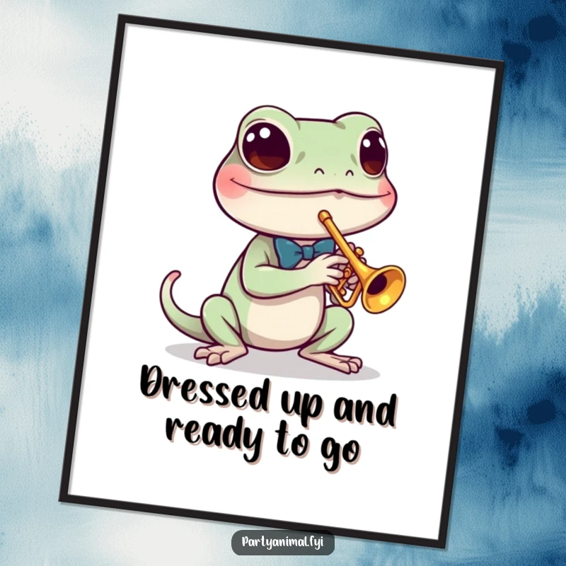 Funny Free Printable Gecko Wall Art: A determined gecko wearing a tiny bow tie plays a miniature trumpet.
